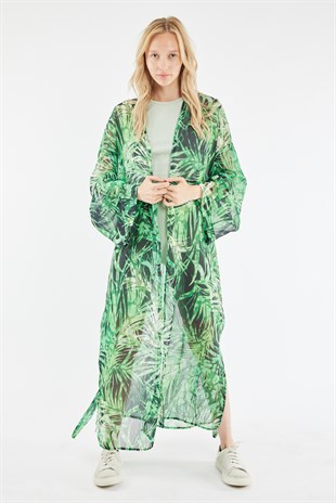 Kuşaklı Kimono - Siyah Yeşil Desenli